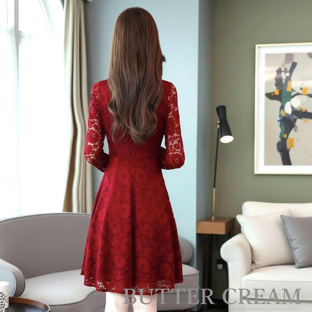 Butter Cream Wedding Guest Long Perfect for Women in Their and Perfect for and Entrance Size L Dress, Dress, Sleeve, Lace, A-Line, Elegant, Feminine,