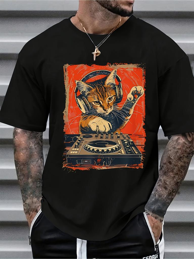 Men's Retro Cat DJ Graphic T-Shirt - with DJ Cat and Vinyl Record Design, All-Season Comfort, C