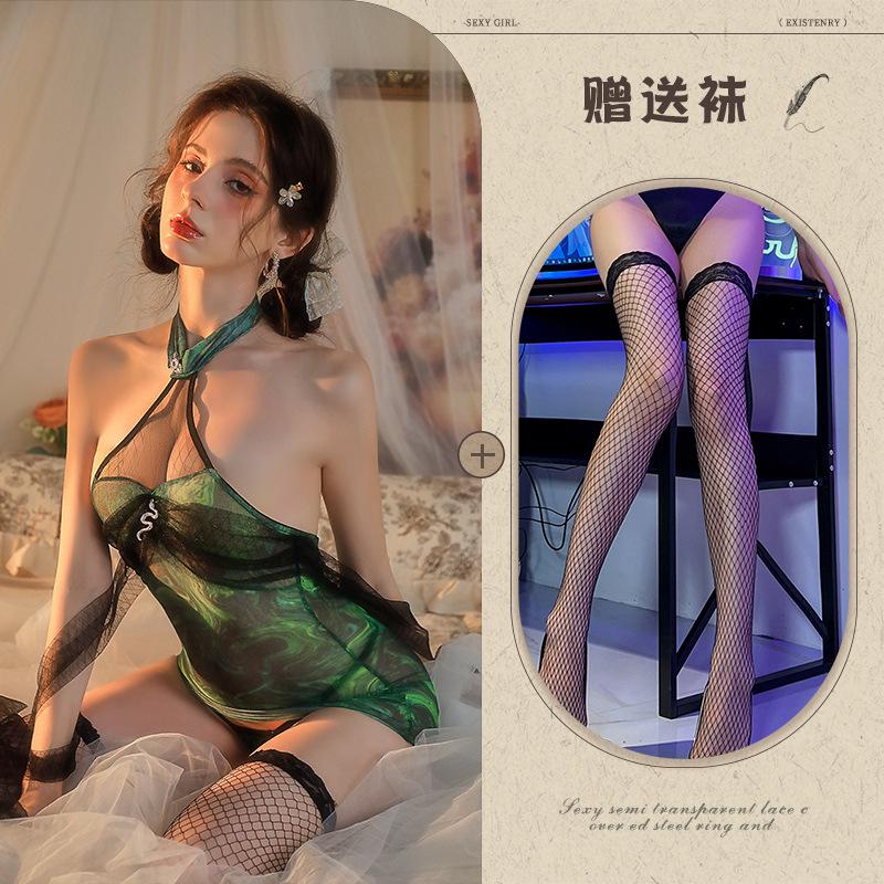 Fairy green snake cheongsam cos sexy stand-up collar hanging neck silk see-through hip wrap uniform reticulated dress