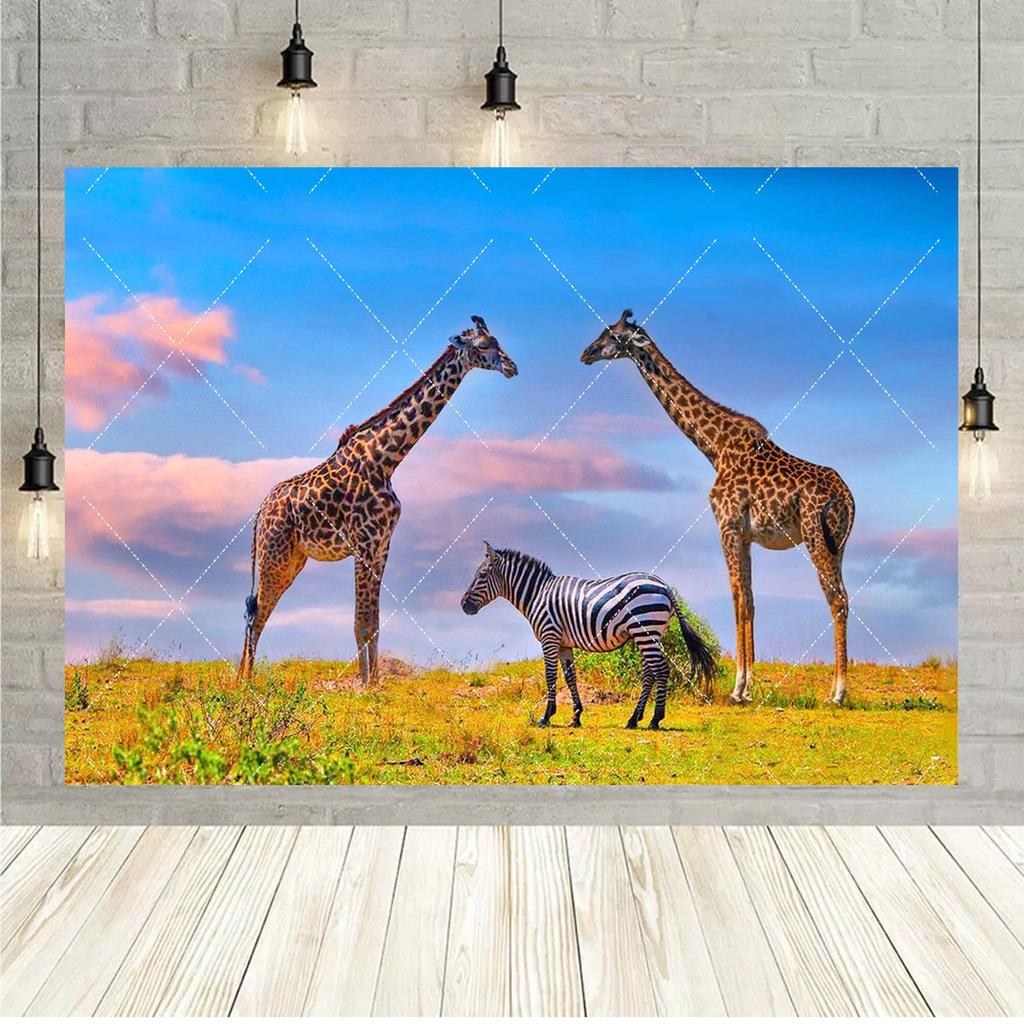Elephant Giraffe Wildlife Theme Banner Background Customizable Children's Birthday Party Decoration Background Room Poster Props