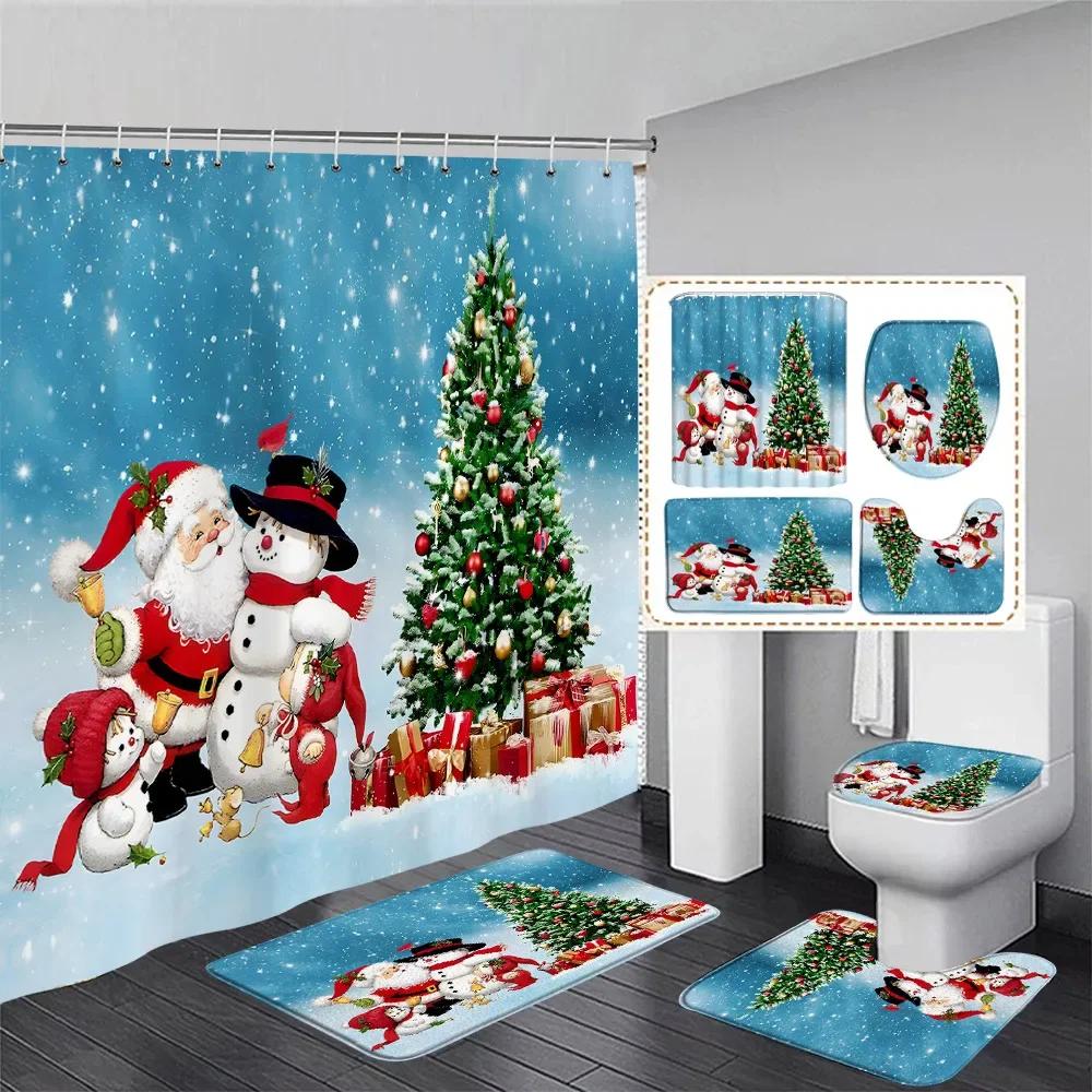 Winter Weihnachten Duschvorhang Set Niedlicher Schneemann Rote Vögel Geschenke Wald Zeder Neujahr Xmas Badezimmer Deko Duschvorleger Toilettensitzbezug