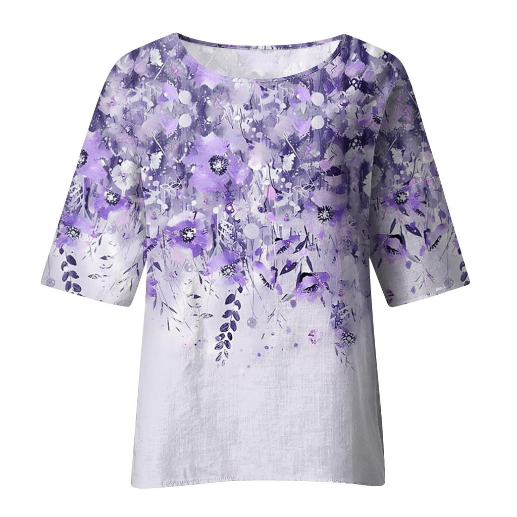 Women's Fashion Seven-Quarter Sleeve Round Neck Printed Loose Casual Shirt Tops