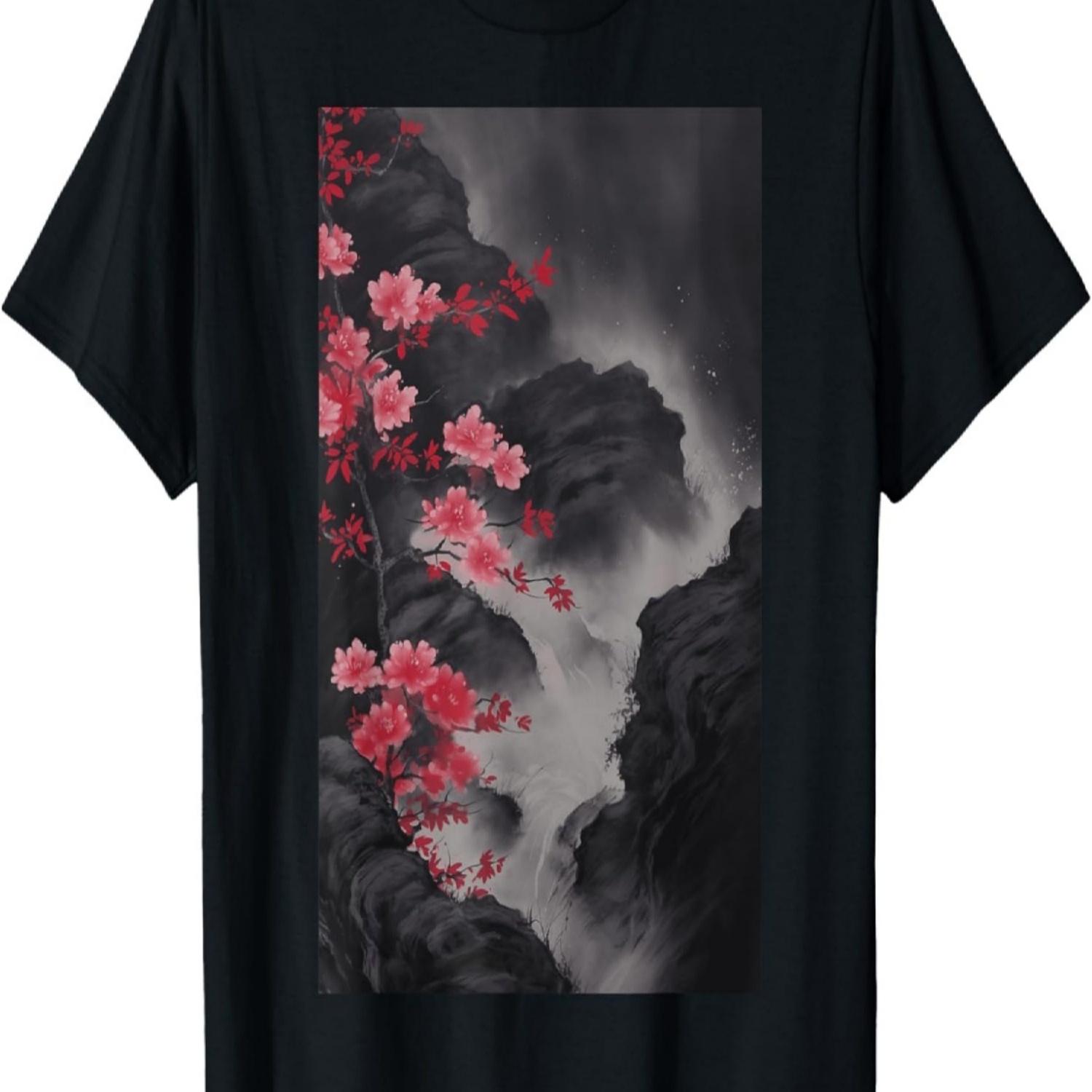 Япония Сад Сакуры Горы И Цветущие Вишни Гравюра на Дереве Футболка(33) S чёрный