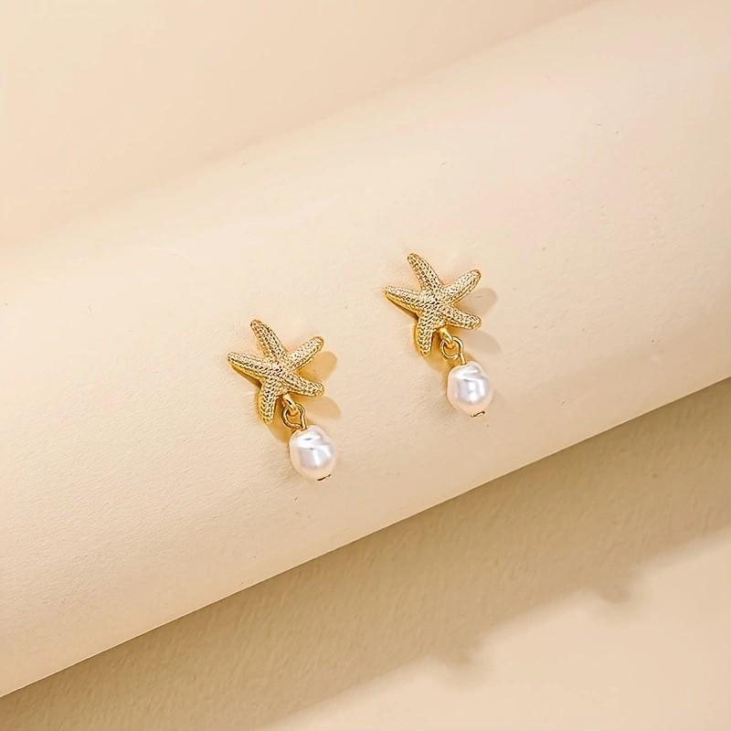 European and American small starfish earrings summer beach imitation pearl pendant retro jewelry