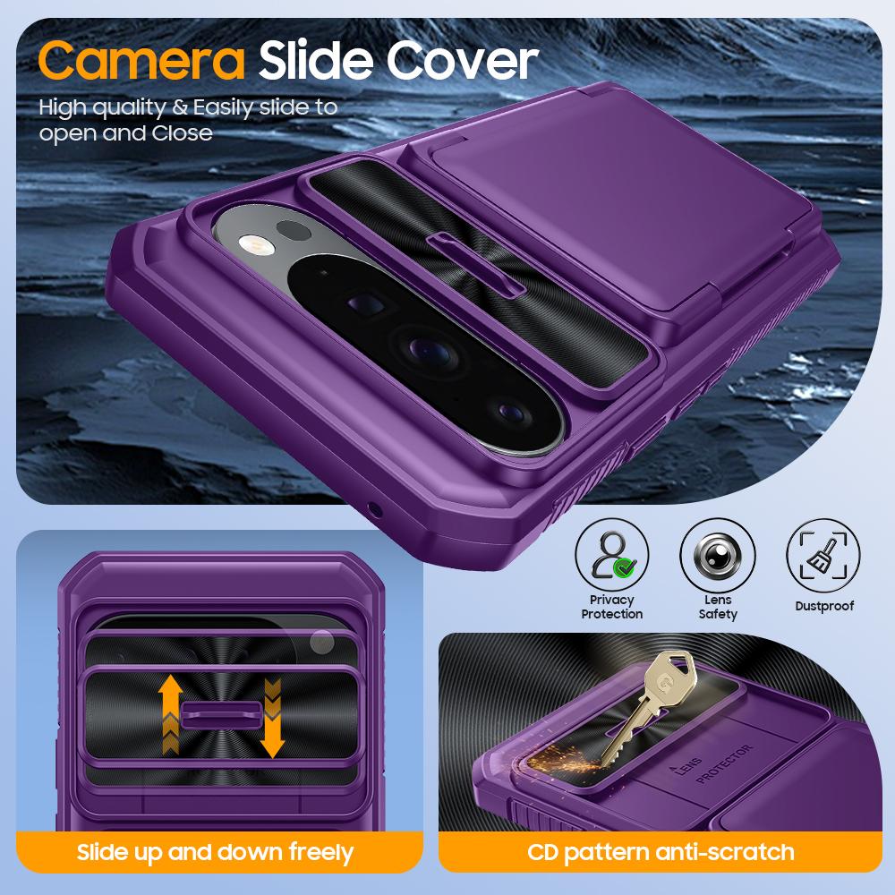 With Card Holder Sliding Camera Cover And Stand For Google Pixel 10 Pro XL Phone Case, Anti-Fall PC+TPU Wallet Case-Purple
