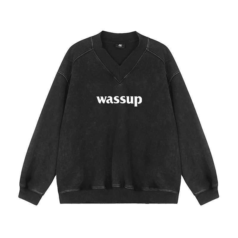 Wassup Trendy Brand Washed Vintage Heavyweight Sweatshirt for Men, Spring and Autumn 2025 New Style, Large V-Neck American-Style Loose Top
