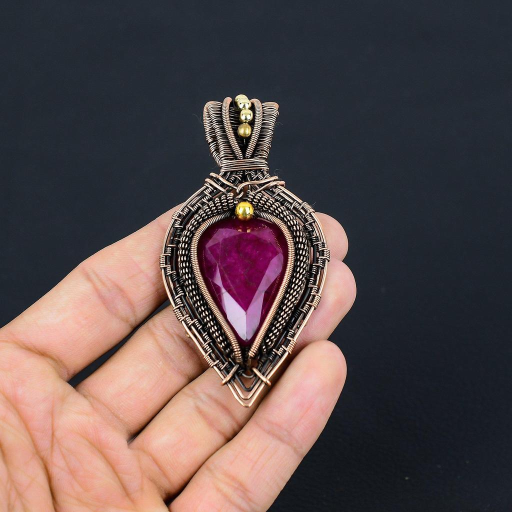 Ruby Pendant Gemstone Jewelry, 999 Copper Wire Wrapped Handmade Pendant, Latest Design Jewelry