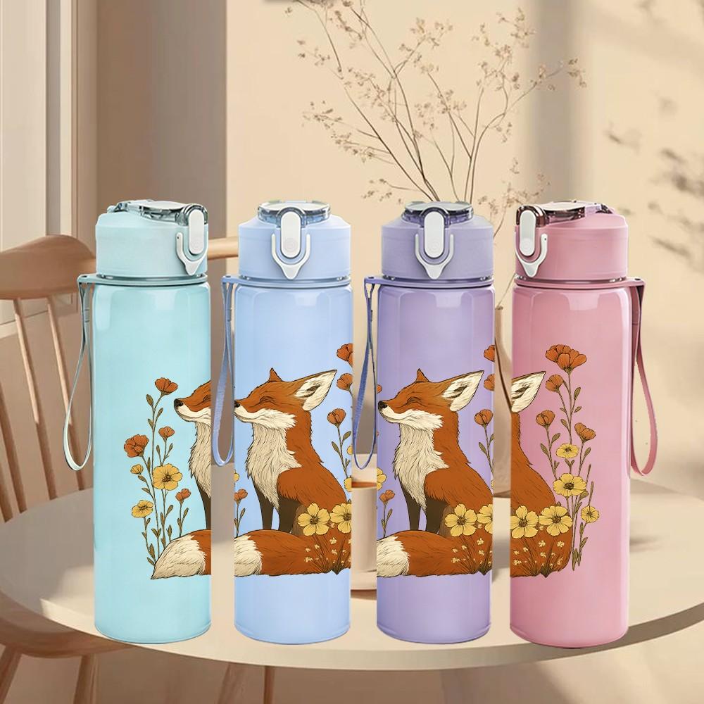 1PC Autumn Floral Fox Portrait 750ml Color Plastic Sports Water Bottle Leakproof Flip Straw Lid Suitable for Sports Office Home Use
