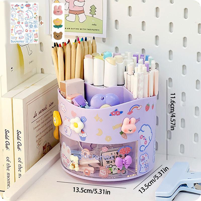 Cute Rotating Pen Holder Desktop Drawer Stationery Box Case School Office Desk Kawaii Stationery Storage Box Organizer Stickers