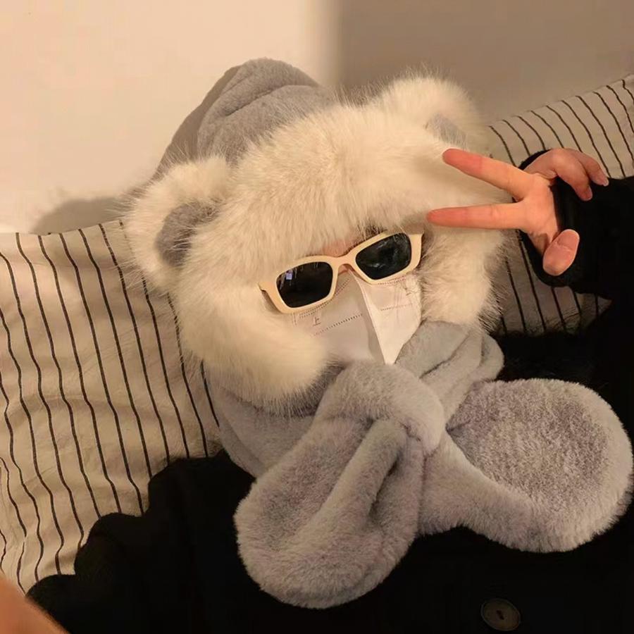 Cute Shiba Inu Long Ear Plush Winter Hat Scarf Set for Girls, Warm Two-Piece Cartoon Outfit