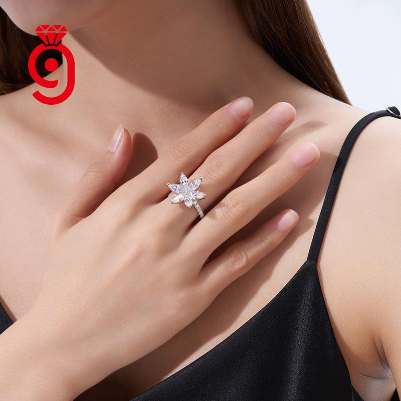 Atemberaubender frischer floraler Sechs-Birnenstein-Ring S925 Silber VVS Brillant geschliffen Schlank wellenförmig Pavé Dünner Ring GRA-zertifizierter Moissanit-Ring