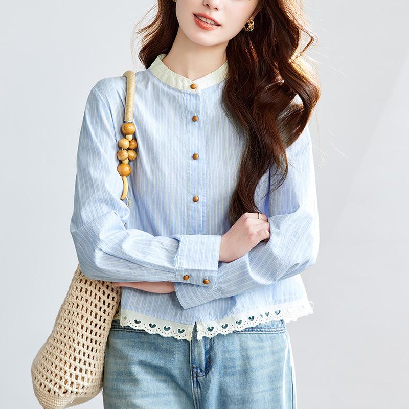 

Blue Striped Shirt for Women Short-sleeved Summer Clothes New French Pastoral Gentle and Fresh Shirt M