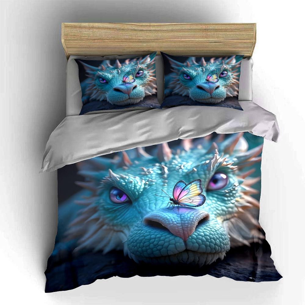 Colorful Butterfly On Blue Dragon Print Bedding Set 1 Duvet Cover 2 Pillowcases for Adult and Children Luxury Gift Full Size