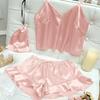 Female Sleepwear Pajamas Three-Piece Set Spring Summer Kimono Bathrobe Strap Top&Shorts Pijamas Suit Sexy Loose Satin Home Wear
