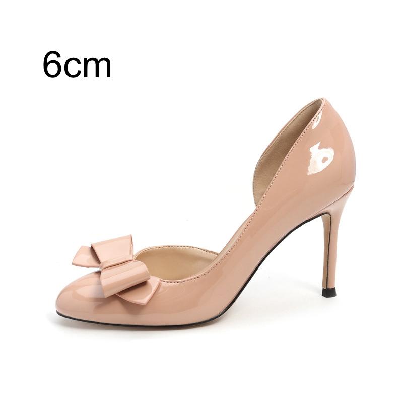 Women's Nude Patent Leather Stiletto Pumps - Round Toe Bow D'Orsay Side Cutout Elegant Low Vamp Petite High Heel Dress Shoes