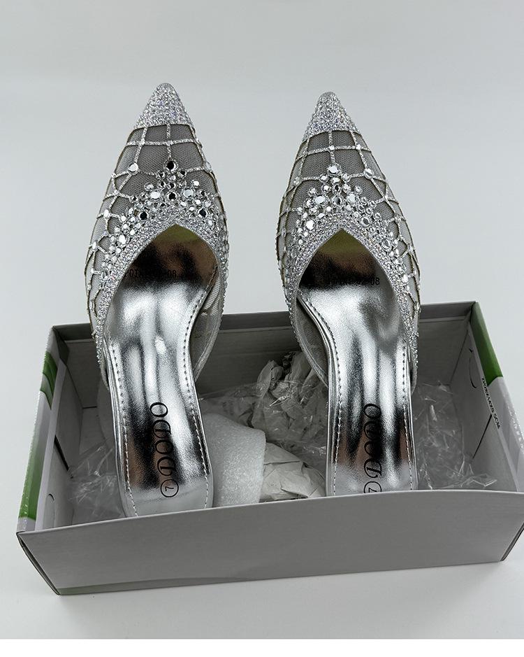 Women's Rhinestone Cap-Toe Stiletto Mules - Summer 2025 Cut-Out Mesh Backless Slippers