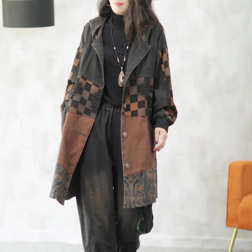 Women's Spring and Autumn Retro Washed Denim Jacket Personalized Color Blocking Casual Loose Windbreaker