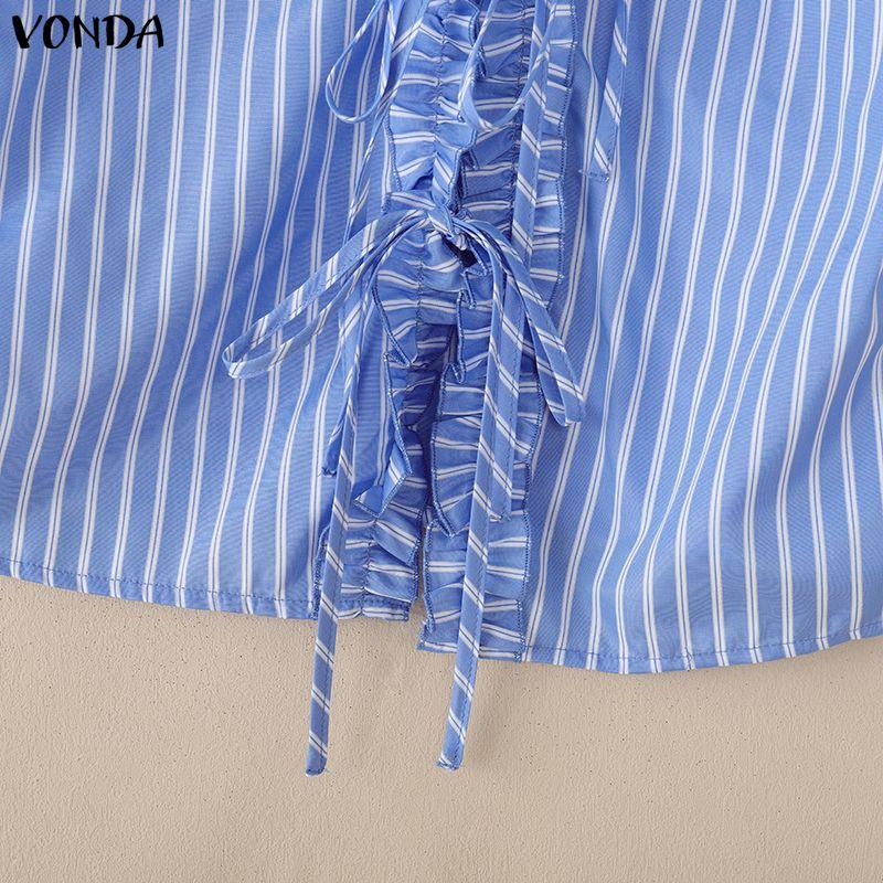 VONDA Women Puff Short Sleeve Bow Knot Striped Casual Ruffled Blouse Tops
