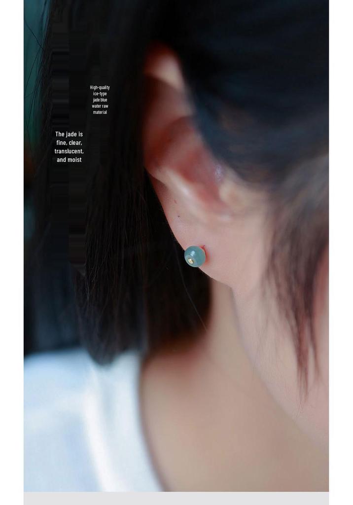 A-Grade Natural Jade Ice-Type Blue Water Stud Earrings with 14k Gold-Plated 925 Sterling Silver