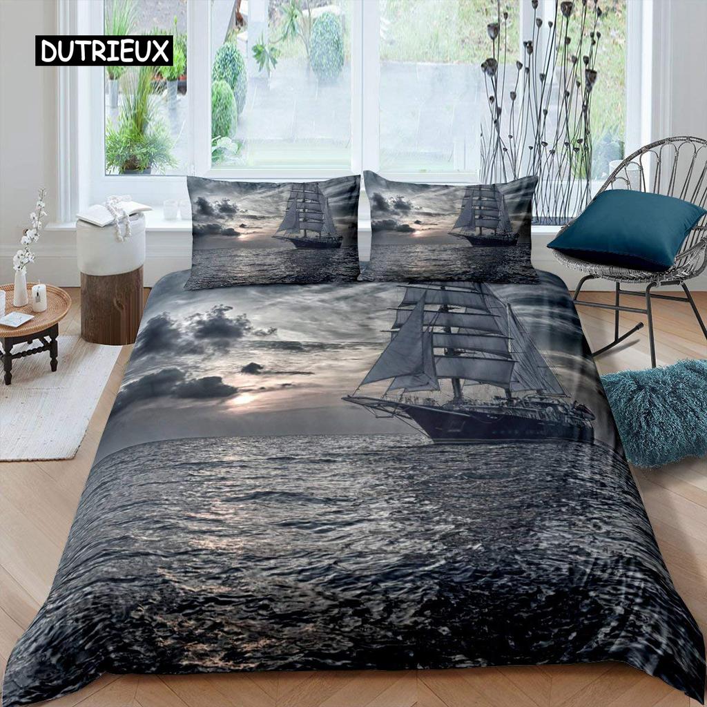 Sailboat Bedspread Cover Collection Plush Microfiber Fabric Nautical Decor Queen Dimension Retro Pirate Sailboat Comforter Cover Sunset Marine Pattern