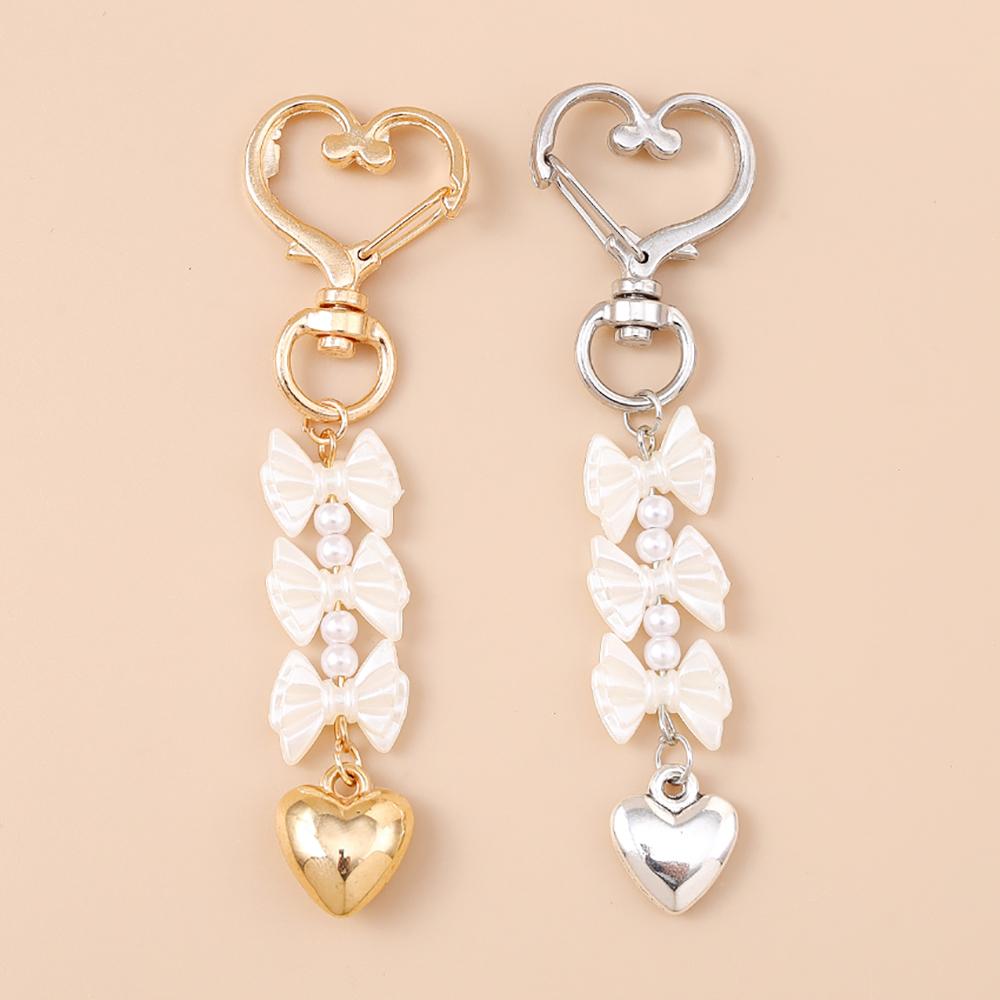 Cute Alloy Love Heart Keychain Women Girls Pearl Bowknot Key Ring Pendants Handbag Decor DIY Handmade Key Chain Gifts