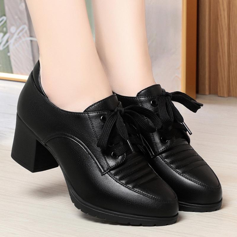 Mode Bequeme Weiche Lederschuhe Damen Plateau Pumps 2024 Frühling Schnürschuhe Block Mittelhohe Absätze Schuhe Oxfords Für Büro Mutter Arbeit