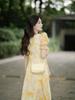 Tea Break French Campanula Retro Style Yellow Floral Chiffon Dress - Women's Summer Waist-Cinching Design