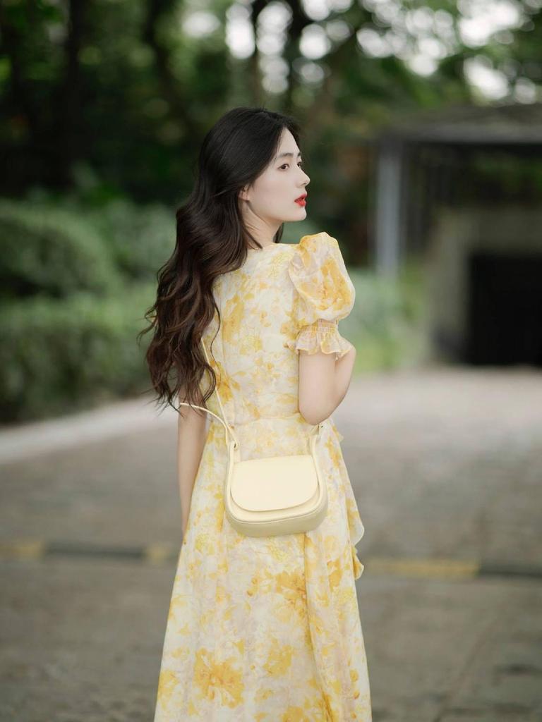 Tea Break French Campanula Retro Style Yellow Floral Chiffon Dress - Women's Summer Waist-Cinching Design