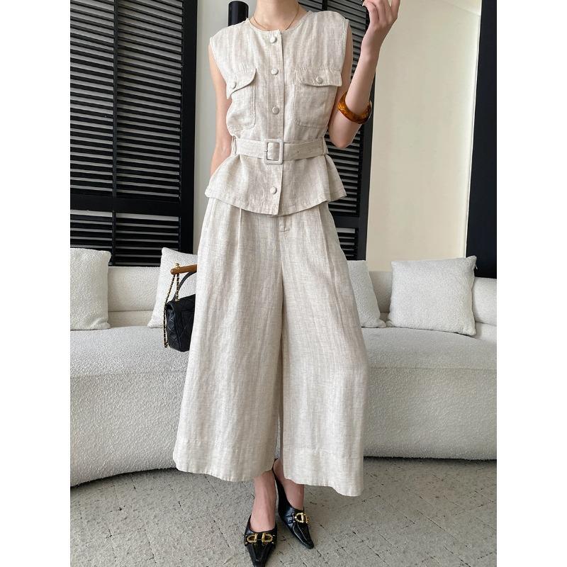 Sinan, high-intelligence wear, Tencel linen old money wind strap waist vest casual pants set SN9111