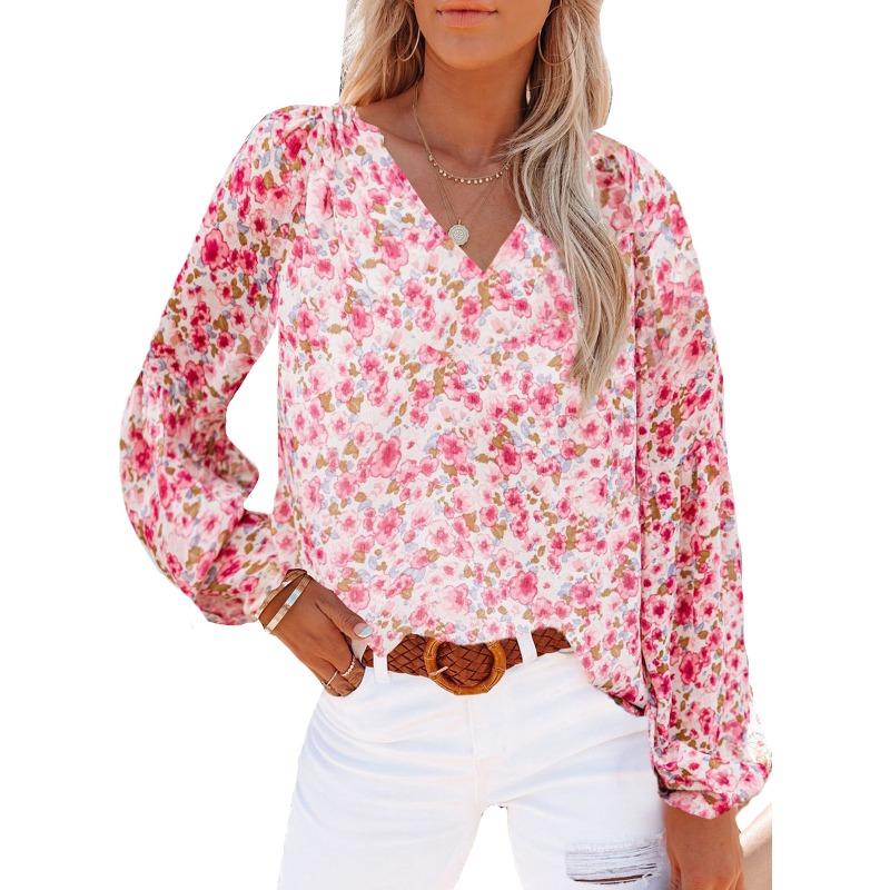 Women's Ditsy Floral Print V Neck Lantern Long Sleeve Loose Blouse Casual Spring Summer Shirt Top