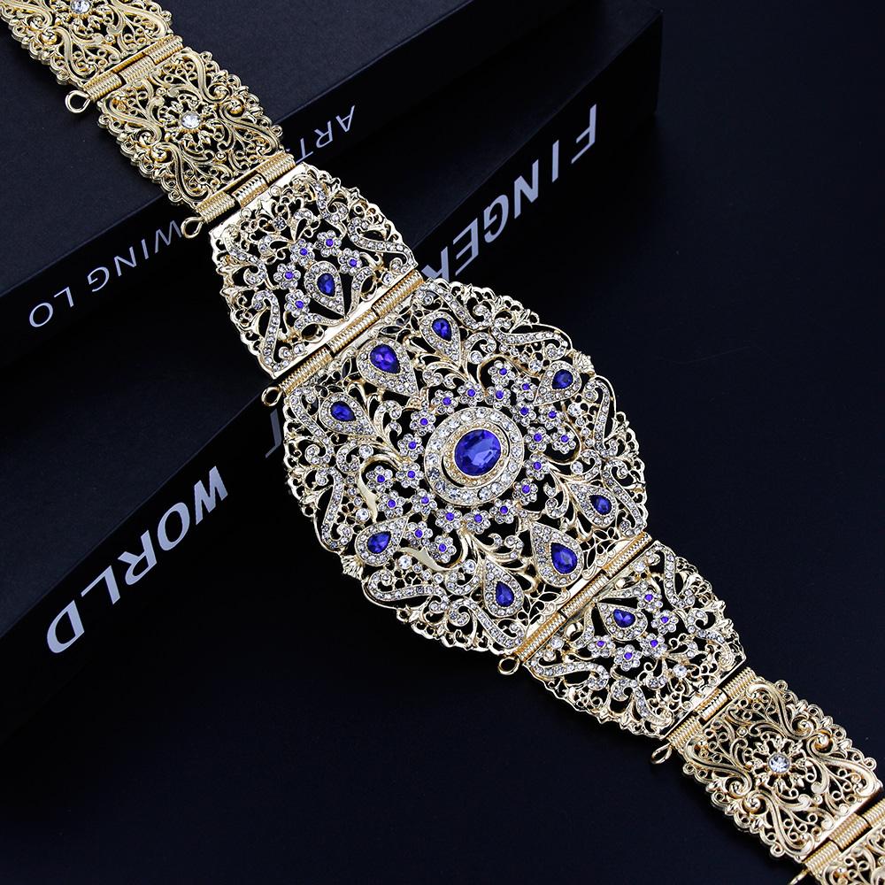 

Женский свадебный пояс золотого цвета с цепочкой и поясом с кристаллами синий