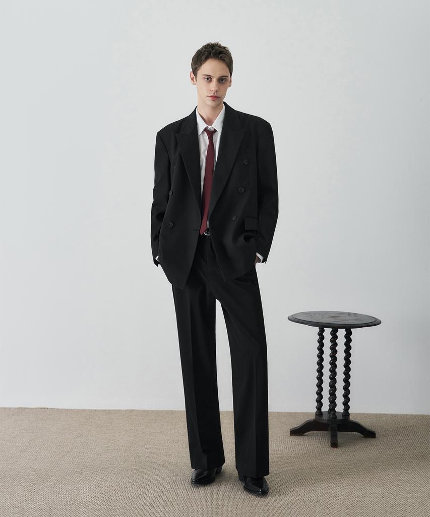 Draw Fit Dove Wool Tailored Double Blazer [Black]