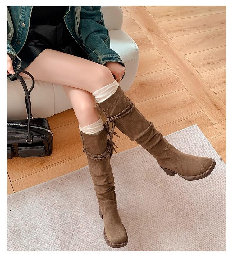 

Ретро пустошь бахрома рыцарские сапоги женские 2025 осень новые толстый каблук но выше колена сапоги тонкие сапоги из ворса 40