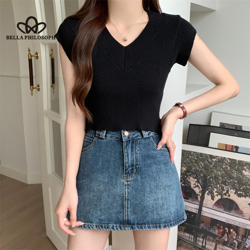New Summer Solid Color Temperament V-Neck Short Knit Short Sleeve T-shirt Top Female