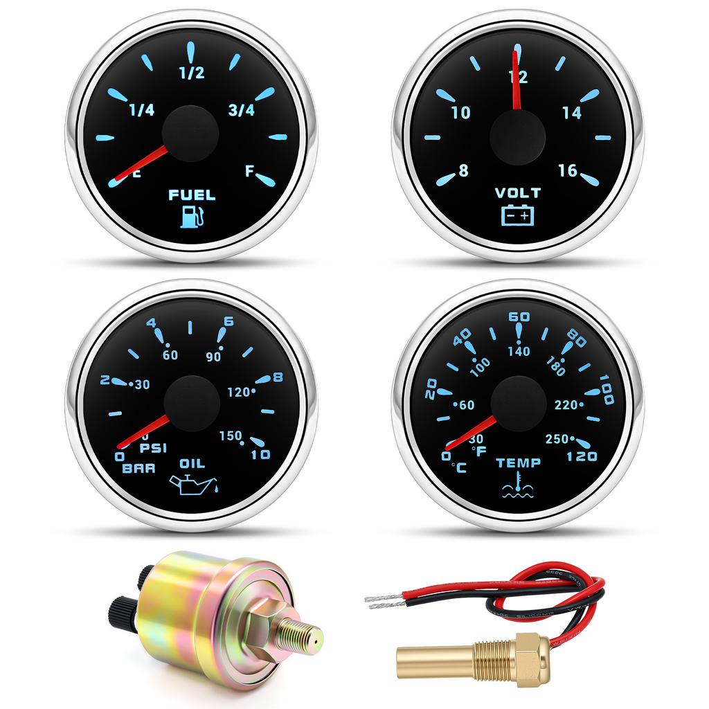12V24V Universal 52MM 4 Gauge Kit with 2 Sensor Water Temperature + Oil Pressure + Fuel Level + Voltmeter For All Vehicle Marine