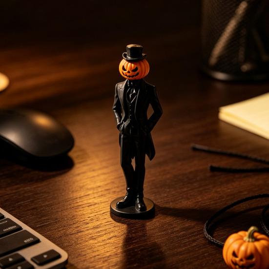 Horror Retro Desktop Decor Pumpkin Gentleman Figurine, Halloween Head Man Statue, Spooky Figurine 3D Printed Ornament for Shelf Mantel Tabletop Statue