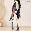 Women Plus Size Two Piece Set Round Neck Short Sleeve Eagle Printed Longline Top And Fitted Pants