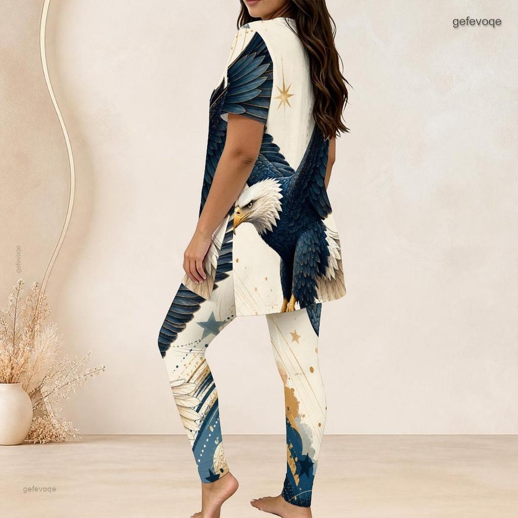 Women Plus Size Two Piece Set Round Neck Short Sleeve Eagle Printed Longline Top And Fitted Pants