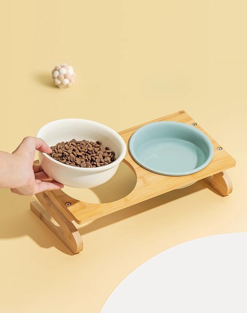 Tilted Ceramic Pet Bowl Bamboo Wood Stand Neck Protection Anti Spill Food Water Dish for Corgi Small Dogs Cats