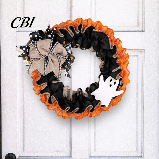 Spooky Door Wreath 15 Inch Halloween for Front Door, Rustic Ruffle with Home Decoration Ghost And Burlap Bow Fireplace Walls Windows Gothic