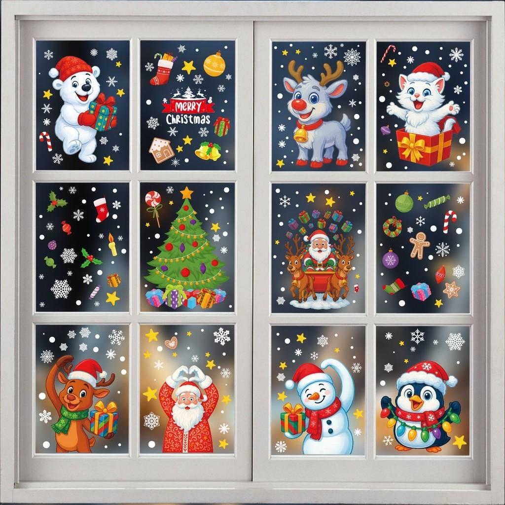Party Wall Christmas Stickers Set Santa Snowman Reindeer Snowflake Decor Holiday