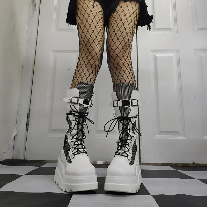 Women Goth Combat Boots Punk Boot Casual Wear Fashion Footwear with Lace-Up & Zipper Closure Wedge Heel Platform Ankle Boots US