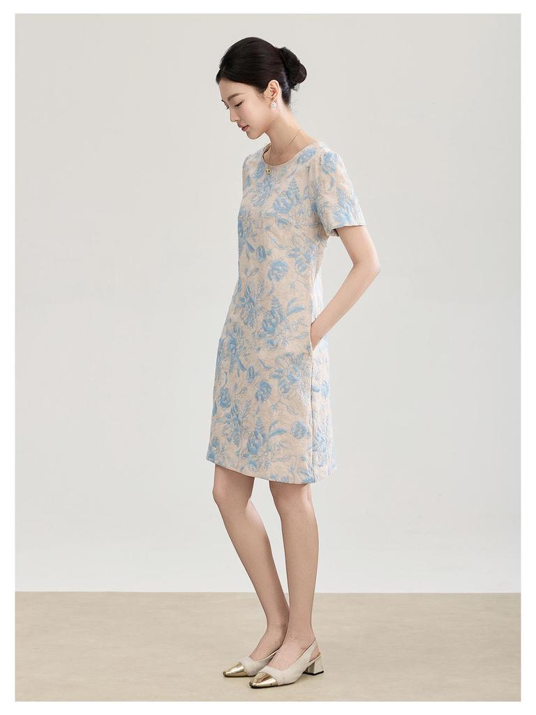 Nanyou Elegant Embroidered Jacquard Linen A-line Dress with Waist-cinching Short Sleeves for Spring/Summer Style
