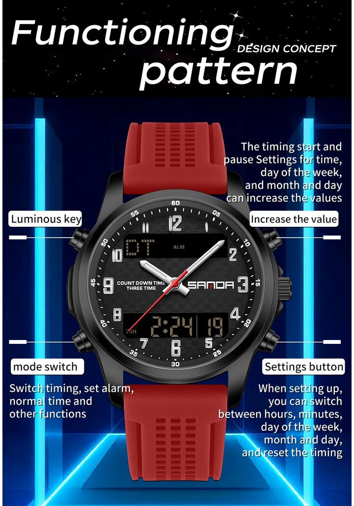 SANDA 9119 Dual Display Steel Belt Watch Men's Double Movement Multi functional Timing Night Light Alarm Clock 5ATM Waterproof-2