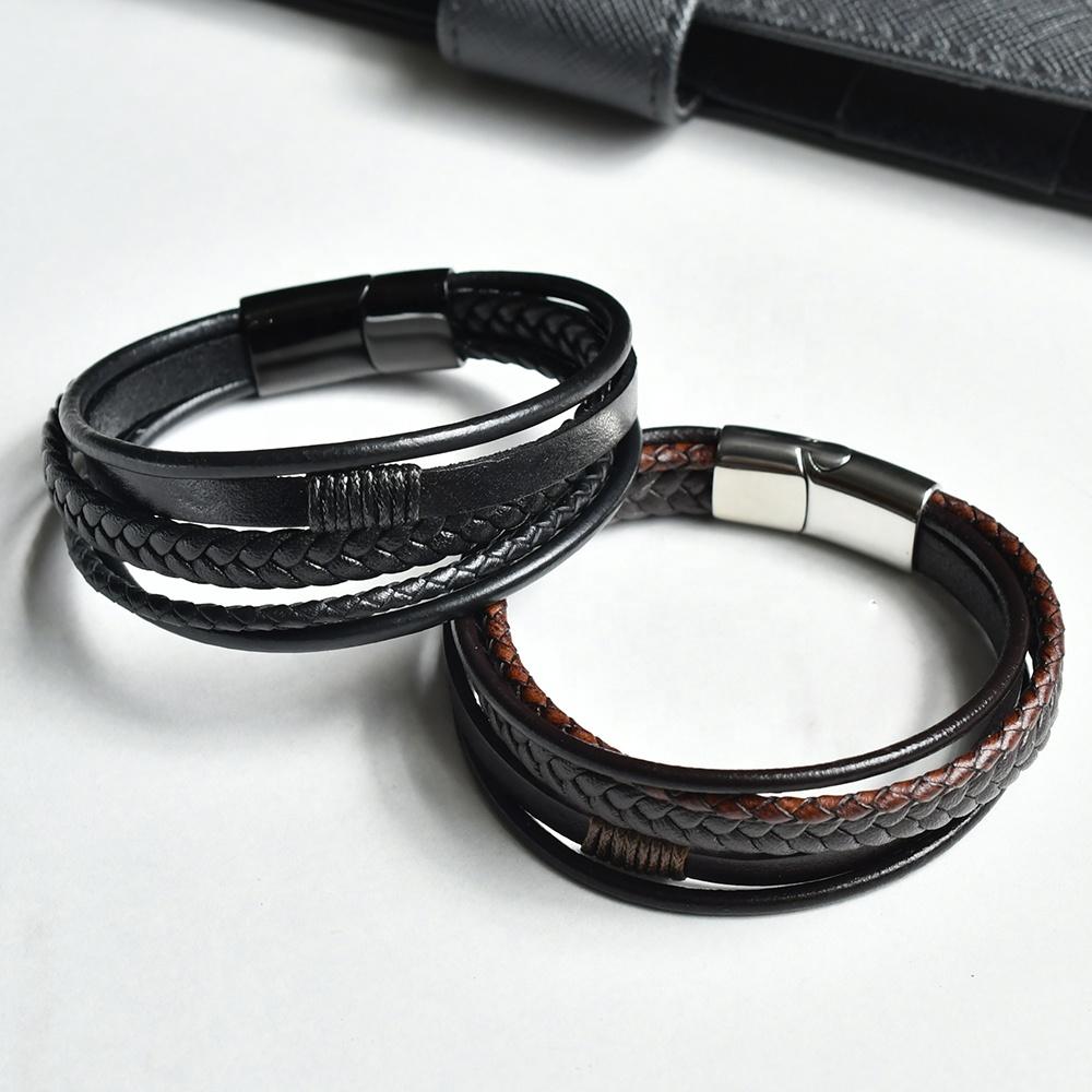 F252 Bracelets Multi-layer Mens Men Jewelry Stainless Steel Leather Bracelet for Men With Magnetic Clasp