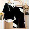 Women Plus Size Two Piece Pant Set Round Neck Half Sleeve Black White Printed High Low Top Wide Leg Pants