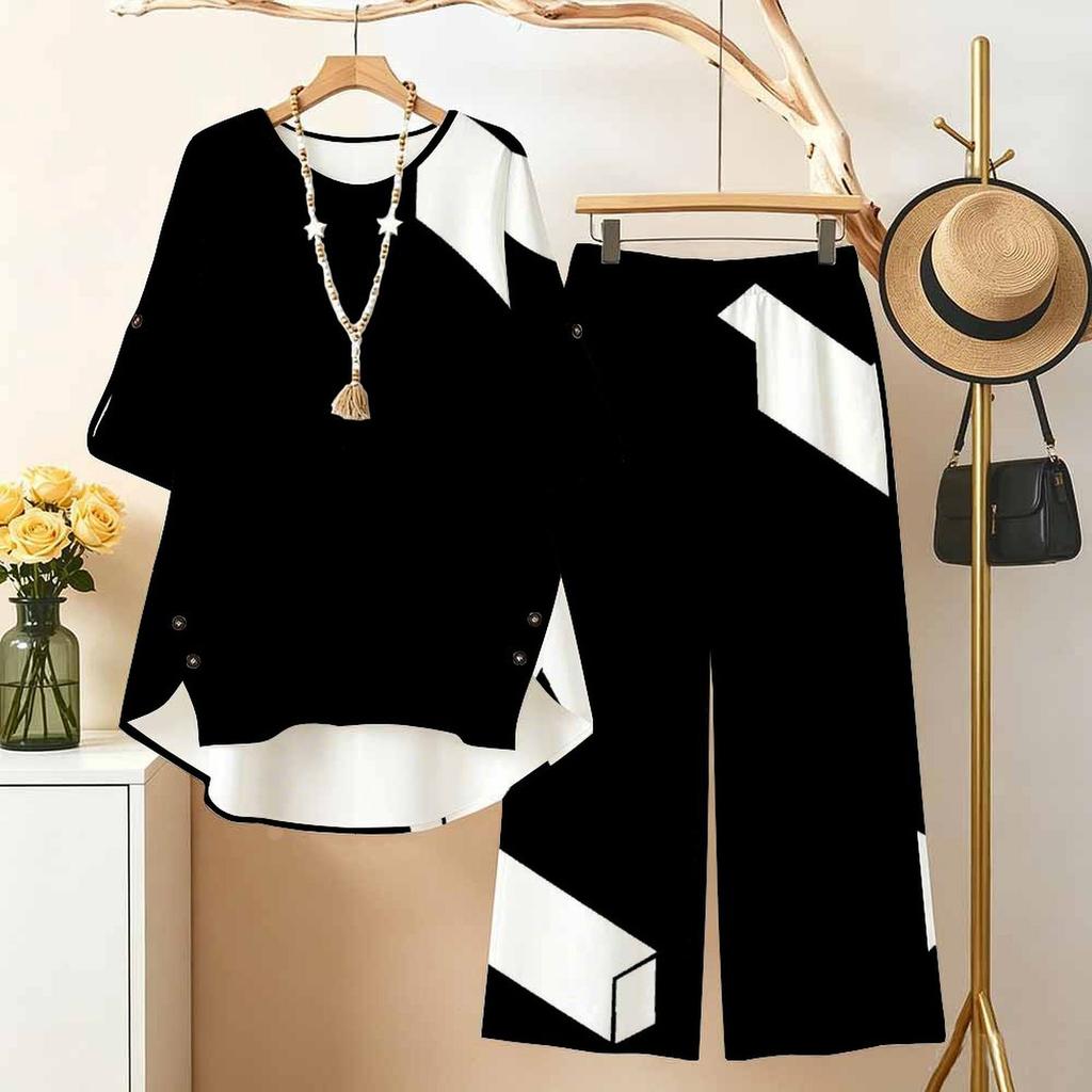 Women Plus Size Two Piece Pant Set Round Neck Half Sleeve Black White Printed High Low Top Wide Leg Pants