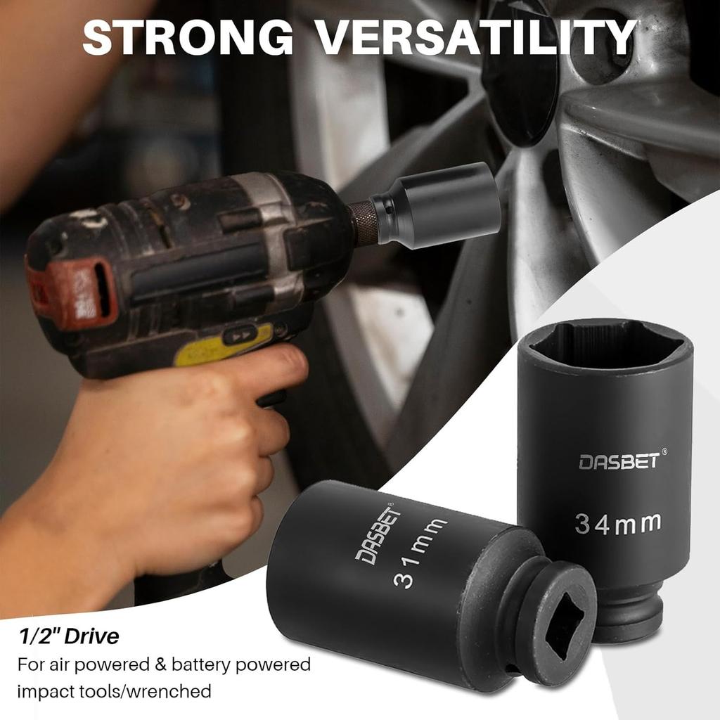 DASBET 1/2" Drive Deep Impact Socket Set 9PCS Axle Nut Impact Socket Set 6 Point 29-38mm Drive Metric Axle Hub Nut Set
