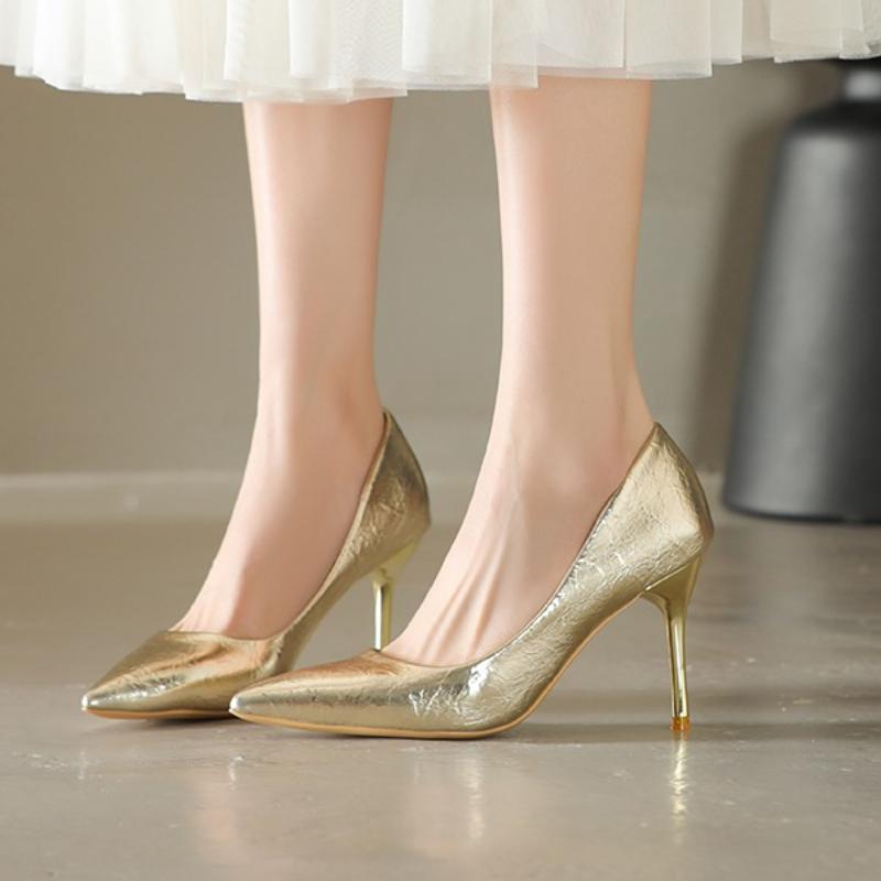 2025 Spring Summer New Plus Size Foreign Trade Women's Pointed Toe Silver Fine Heel High Heel Women's Sexy Banquet Fashion Singl