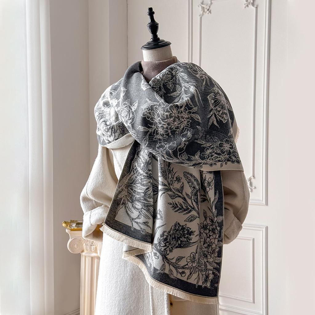 New Elegant Flower Butterfly Scarf Imitation Cashmere Soft Warm Fringe Shawl New Autumn Winter Coldproof Windproof Blanket Scarf